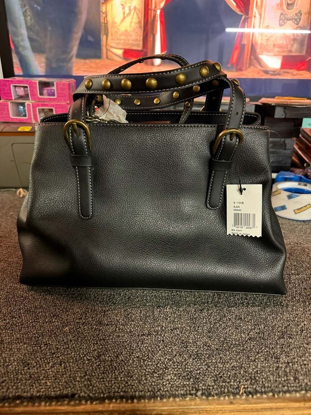 Nine West Big Easy Black Pebbled Faux Leather Satchel Handbag